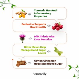 HARMONIFY Berberine Supplement with Ceylon Cinnamon, Milk Thistle, Turmeric, Bitter Melon Complex, Immune Supports, 120 Capsules, 1000 mg, Vegan, Non-GMO Edible Dietary vitaminas