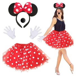 JOYEASE Women's Mouse Costume, Red Tutu with White Polka Dots + Mouse Ears Headband with Bow + Gloves + Nose, Carnival Costume Women's Fancy Dress Theme Party Cosplay