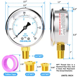 MEANLIN MEASURE 0~60Psi Stainless Steel 1/4" NPT 2.5" FACE DIAL Liquid Filled Pressure Gauge, Pool Sand Filter Pressure Test Lower Mount, with 1/4" x 1/2" NPT and 1/4" x 3/8" NPT Hex Bushing