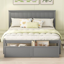Full Size Bed Frame with Headboard and Storage Drawers, Kids Platform Bed Frame Full Size, Full Bed Frame for Kids, Boys, Girls, Gray Bed Frame Full Size