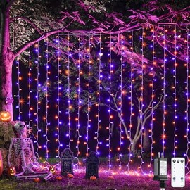 JMEXSUSS - Cortina de luces LED de Halloween con mando a distancia, 10 x 10 pies, color naranja y morado para ventana, luces de Halloween para recámara, pared, telón de fondo de fiesta, decoración de