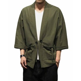 PRIJOUHE Men's Japanese Style Kimono Cardigan Jacket Cotton Blends Linen Seven Sleeves Solid Color Open Front Coat