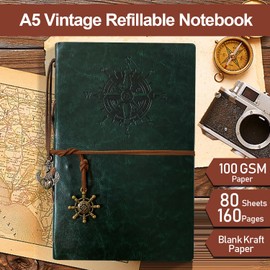 Joy & Inspiration Joy & Inspiration PU Leder Notizbuch A5 Grün Tagebuch Nachfüllbares Tagebuch Retro Reisende Vintage Notebook Für Notizen Reisen, Zeichnungen Skizzen DIY Projekte