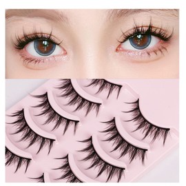 Natural False Eyelashes, Manga Lashes with Clear Band, Spiky Wispy Eyelashes, Natural Look, 5 Pairs, Reusable Fake Lashes