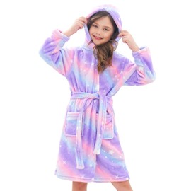 Doctor Unicorn Soft Hooded Rainbow Bathrobe Sleepwear for Girls (Bright Purple Star Dots- 12-13 Years)
