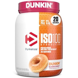 Dymatize ISO 100, Proteína Aislada de Suero Hidrolizada, Sabor Dunkin donuts glaseado, 640 g, 25 g Proteína por Porción, Sin Gluten, 20 porciones