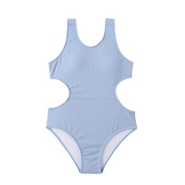 Milumia Traje de baño de una pieza de punto acanalado con cuello redondo recortado para niña, Azul Multicolor, 9 Años