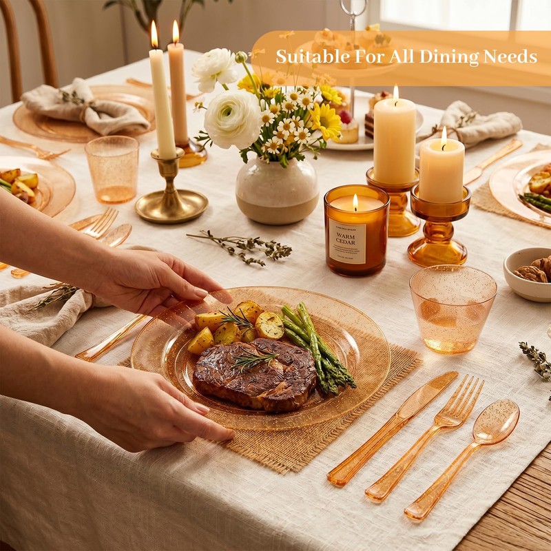 350PCS Orange Glitter Plastic Dinnerware Set for 50 Guests