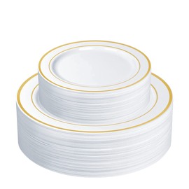 SETUP 60-Piece Gold Trim Plastic Dinnerware Set – 30 10.25" Dinner & 30 7.5" Salad Plates – Heavy-Duty Disposable for Weddings, Catering, Parties