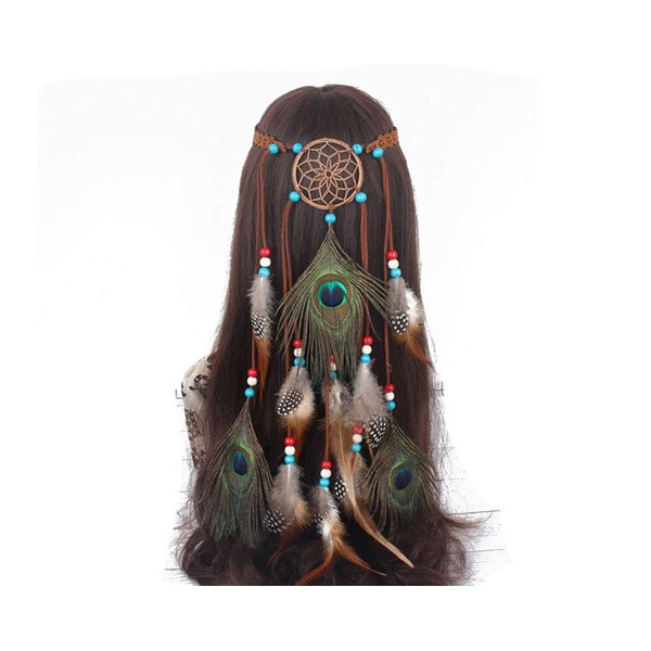 Hippie Headpiece Headwear Handmade Hair Accessories Bohemian Peacock Feather Headband for Women Lady (Brown)