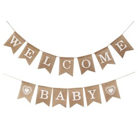 Aabellay Welcome Baby Banner Linen Welcome Baby Garland Hessian Jute Fabric Bunting Flags Rustic Linen Letters Bunting Flags with 13 Bunting Flags for Home Reception Baby Shower