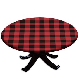 Xmas Round Fitted Polyester Tablecloth, Christmas Red Black Plaid Elastic Edge Home Decorative Table Cover, Stain Resistant Washable Table Clothes For Garden Patio Picnic Use, Fit For 28" Round Table