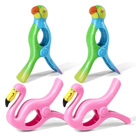 4 Pcs Towel Clips for Beach Chairs, Jumbo Size Beach Towel Clips Windproof Grip Secure Hang Towel Holder Clothes Pins Decorative Towel Clips for Pool, Cruise, Patio, Holiday Travel(Flamingo,Parrot)
