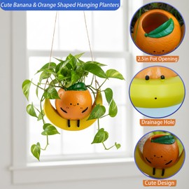 Kairova Cute Swing Hanging Planters for Indoor Plants Orange & Banana Shaped Small Plant Hanger for Succulent String of Pearls Decorative Resin Hanging Planters for Outdoor Plants with Drainage Hole