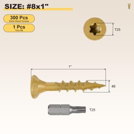 METALLIXITY Deck Screws (#8x1) 300Pcs, Carbon Steel Wood Screw Decking Screws with T25 Torx Drive Head - for Wood Fence, Table, Chairs, Tan