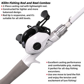 Kilitn Fishing Rod and Reel Combo, White Color Baitcasting Combo Baitcast Reel, 2-Piece Baitcaster Rod, Durable Fiberglass with Comfortable EVA Handle (Casting Left 6FT)