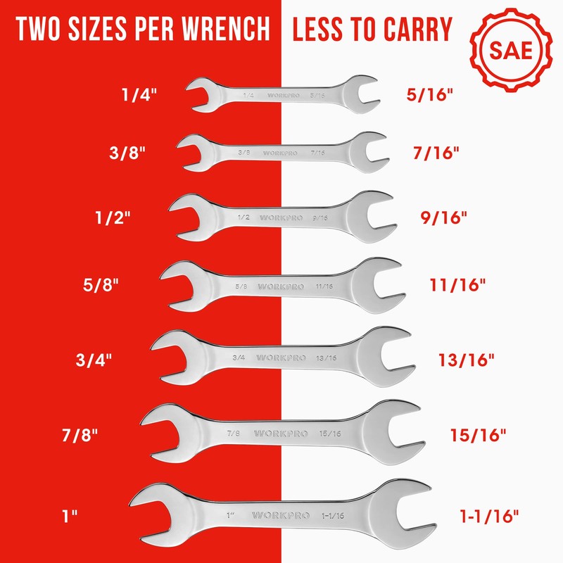 WORKPRO SAE Super-Thin Open End Wrench Roll-up Set, 7PCS, 1/4"