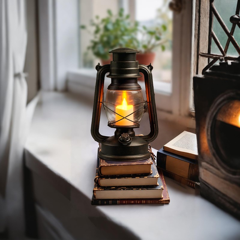 FUWDEO 2-Pack Vintage LED Lanterns with Moving Flame Flickering- 9.5"