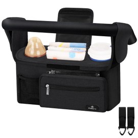 Philorn Pram Organiser with Insulated Drink Holder/Coffee Holder, Universal Buggy Pram Bag for Baby Accessories with Bag, Shoulder Strap and Storage Space for Nappies and Mobile Phones, Black
