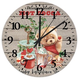 Valentine's Day Hot Cocoa Bear Small Wall Clock 15 Inch, Home Kitchen Bar Coffee Station Room Decorative Wall Clock Silent Non-Ticking Battery Operated Round Clock for Farmhouse Home Decoration
