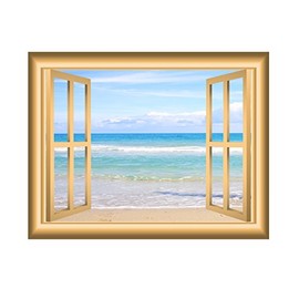 VWAQ Beach Scene Window Wall Decal Nature Decor Bedroom Wall Sticker Peel and Stick Mural NW3 (18" H X 22" W)