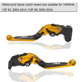 KBGRAX Motorcycle Aluminum CNC Adjustable Foldable Extendable Brake Clutch Levers for Yamaha YZF R1 2004-2014 YZF R6 2005-2016 (Gold & Black)