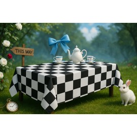 BRALEO Alice Party Decorations,Wonderland Theme Party Table Cover, Black and White PVC Tablecloth,Garden Checkered Tea Party Decor Plastic Cloth Rectangula 55"X98"