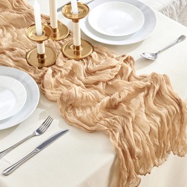 SRIZIAN Beige Cheesecloth Table Runners 10ft Wide Gauze Table Runners Boho Table Runners for Bridal Shower Wedding Birthday Party Table Decorations