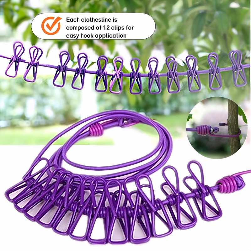 Portable Clothesline with 12 Clips - Extends 12ft, Heavy Duty
