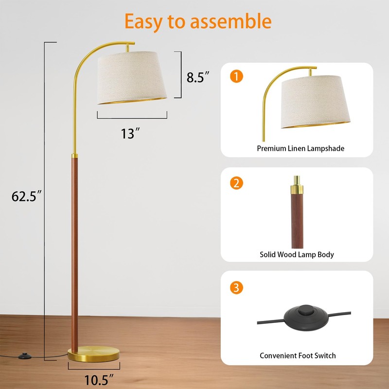 G-SAFAVA 62.5" Wood Floor Lamp for Living Room Gold with