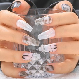 Sethexy Medium Coffin Handmade Press On Nails Acrylic Glossy False Nails Ink Painting Stick On Nails Salon Fake Nail for Women and Girls 10PCS (5)