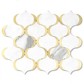 OYASIMI 10 Sheet Arabesque Peel and Stick Backsplash Tile, Stick on Backsplash for Kitchen and Bathroom Wall, Marble White Look PVC Mixed Metal Gold