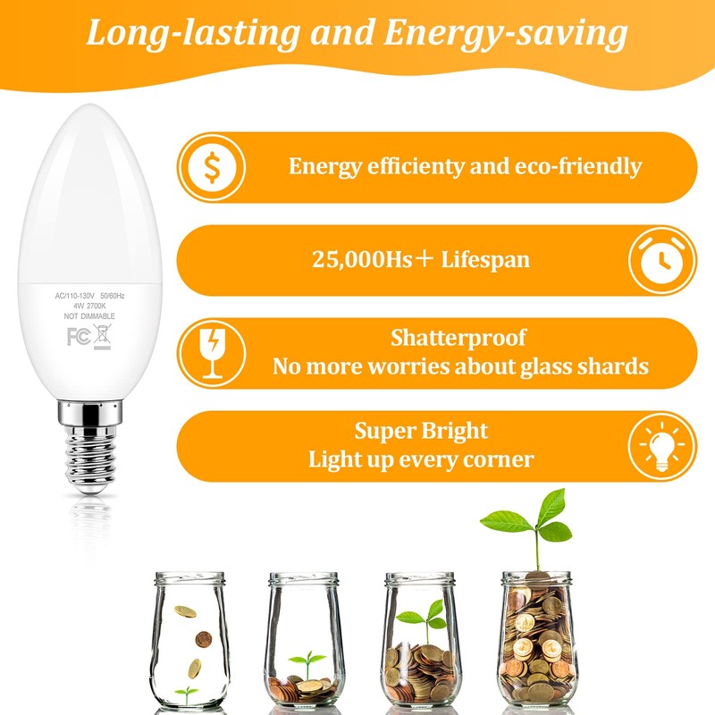 Brightever E12 LED Candelabra 40 Watt Equivalent Light Bulbs, 4W