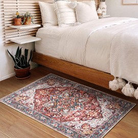 XSIVOD Entryway Rug Indoor Door mat, Orange/Red Small Washable Area Rugs for Kitchen Bathroom Mat, Low Pile Vintage Rug, Non-Slip Bedroom Carpet for Front Door Entrance Welcome Mat, 60 x 90 cm