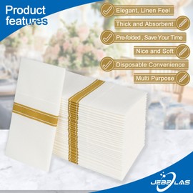 JEBBLAS Disposable Linen Feel Napkins, Built-in Flatware Pocket, Decorative Wedding Napkins, Folded Cloth Like Party Napkin, Soft, Strong, Absorbent, and Pre-folded, 50 Pack, Gold Print