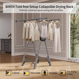 BIREN Clothes Drying Rack Heavy Duty Clothing Racks Extending Laundry Rack Two Drying Modes Garment Racks for Drying Clothes, Adjustable Length from 32-55 Inches for Indoor Outdoor Use
