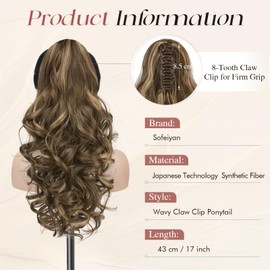 Sofeiyan Ponytail Hairpiece with Clip, Long Wavy Curly Braid Extension, Claw Clip-In Ponytail Extension, Synthetic Hair Extension for Women, 43 cm, Honey Blonde Mixed Light Brown