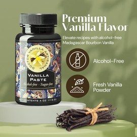 Alcohol free Vanilla Paste - Bourbon, Madagascar, Kosher, Halal, non- GMO, Alcohol-Free, Sugar free, Gluten free, contains fresh vanilla powder (Alcohol Free 4oz)