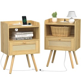 SUPERJARE Nightstands Set of 2, Night Stands with Charging Station & PE Rattan Decor Drawer, Bed Side Tables with Solid Wood Feet, End Table, for Bedroom, Living Room - Natural