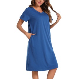 ENJOYNIGHT Womens Nightgown Cotton Short Sleeve Sleepwear V-Neck Casual Print Sleepshirt with Pockets(X-Large,BL) Blue