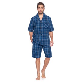 Ashford & Brooks Men’s Short Sleeve Pajamas Shorts Set | Woven Plaid Sleepwear & Loungewear Button Down PJ Boxer Set, Blue/Grey, XL