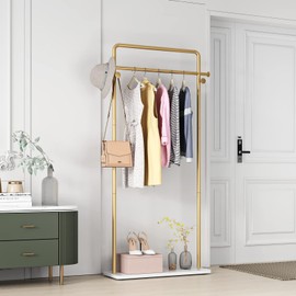 TIEOU Gold Clothing Racks with Shelf, Heavy Duty Gold Clothes Racks for Boutiques, Free-Standing Metal Garment Rack for Hanging Clothes, Modern Coat Rack Entryway
