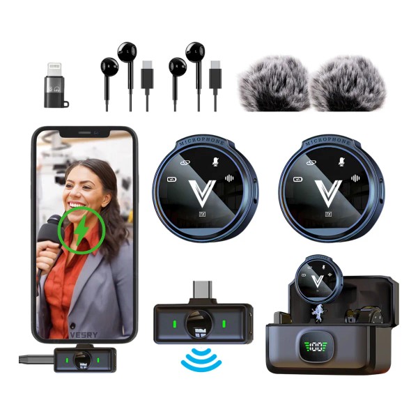 VESRY J09 Micrófono Inalambrico Lavalier Solapa Para iPhone Android Celular