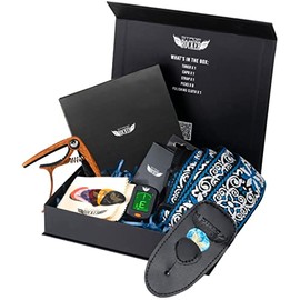 Stage Rocker Guitar Accessories Gift Box for Acoustic and Electric Guitars, Jacquard Weave Guitar Strap, Picks, Capo, Tuner, Cleaning Cloth, 5-in-1 Essential Gift Set for Back-to-School Occasions!