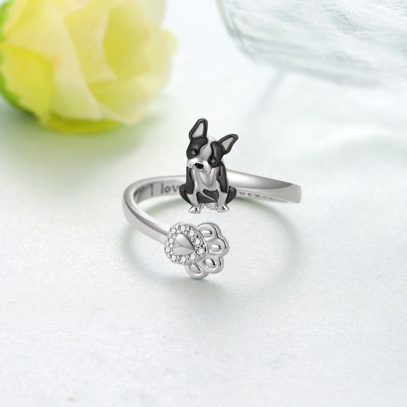 SVODEA Boston Terrier Gifts 925 Sterling Silver Boston Terrier Ring