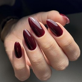 Cherry Red Press on Nails Medium Almond Fake Nails Solider Color Almond Stick on Nails Full Cover Gradient False Nails Winter Glue on Nails Artificial Acrylic Nails for Women Girls Daily Wear 24Pcs