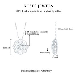 Rosec Jewels Certified Moissanite Designer Necklace With Gold Plated Silver Chain, D-Vs1 Quality, Moissanite Bridal Pendant - Ready To Gift, 925 Sterling Silver, With Chain