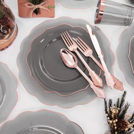BUCLA 180pcs Clear and Gold Plastic Plates with Disposable Silverware and Cups-Including 60Gold Plates, 30Cups, 30Forks, 30Knives and 30Spoons for Wedding