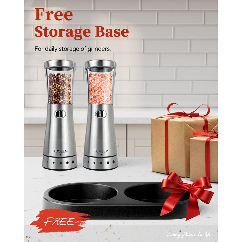 Electric Salt and Pepper Grinder Set with Storage Base, Stainless