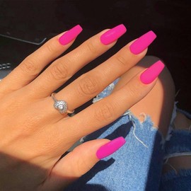 Matte Hot Pink Press On Nails Medium Long Square, Xcreando Medium Coffin Nails Acrylic Press ons Glue on Nails Long Length, Solid Color Fake Nail for Women, Natural Thick Artificial Nail Stick on